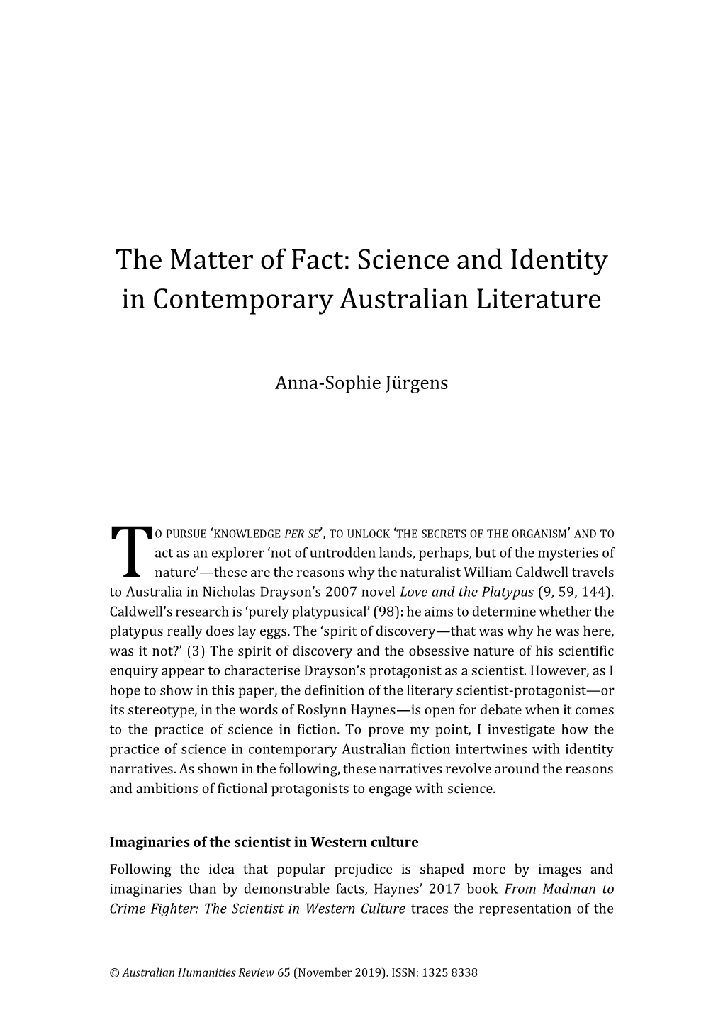 Science and Identity in Contemporary Australian Literature