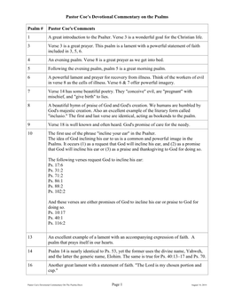 Pastor Coe's Devotional Commentary on the Psalms Psalm # Pastor