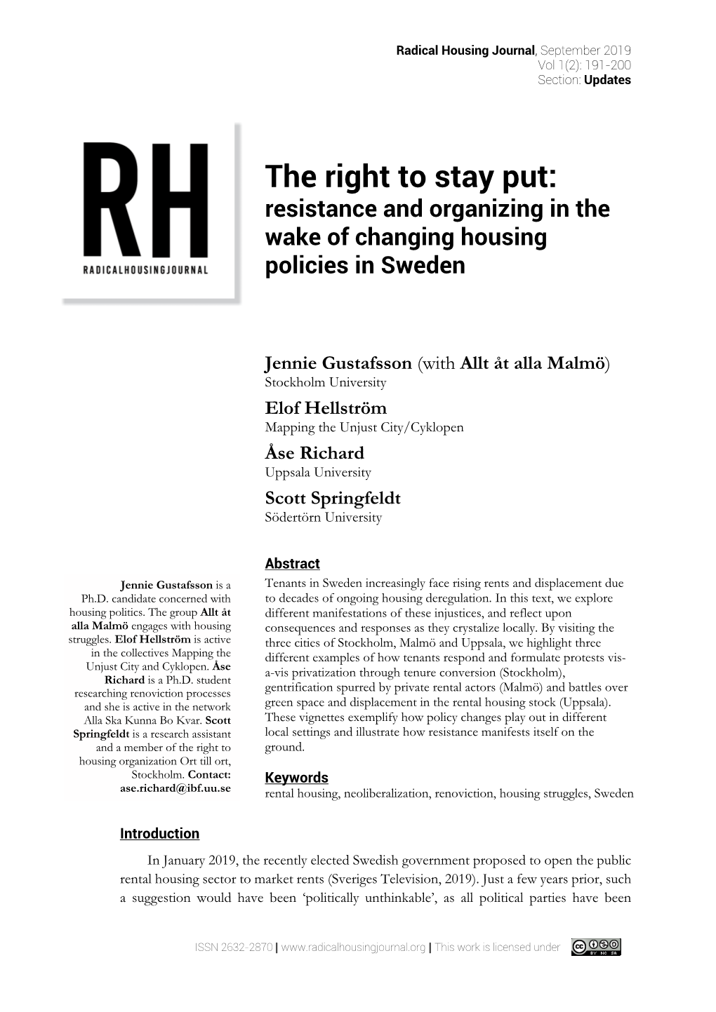 The Right to Stay Put: Resistance and Organizing in the Wake of Changing Housing Policies in Sweden