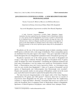 Jungermannia Exertifolia Steph. - a New Bryophyte Record from Bangladesh