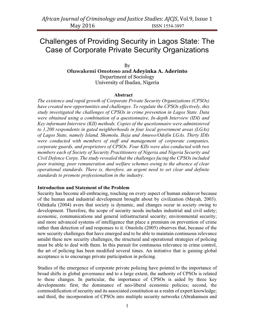 Challenges of Providing Security in Lagos State: the Case of Corporate Private Security Organizations