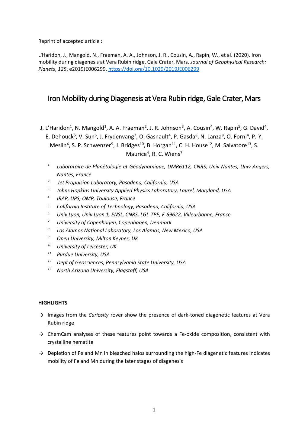 Iron Mobility During Diagenesis at Vera Rubin Ridge, Gale Crater, Mars