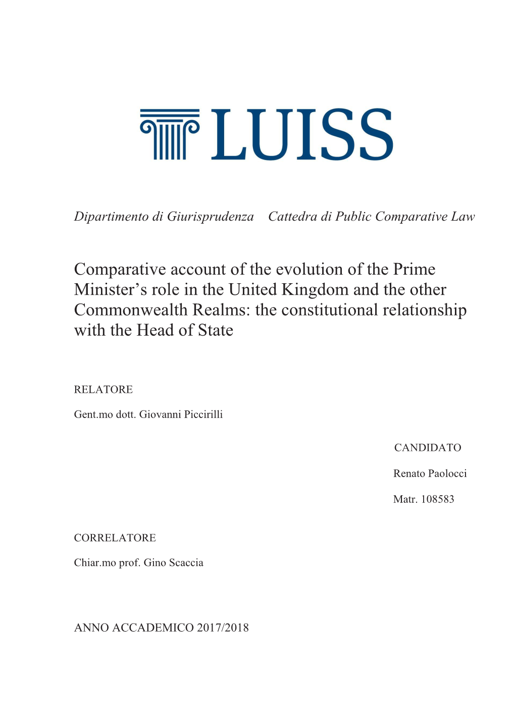 Comparative Account of the Evolution of the Prime Minister's Role in the UK