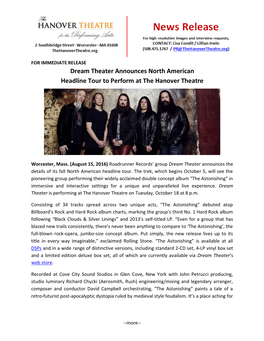 Dream Theater Announces North American Headline Tour to Perform at the Hanover Theatre