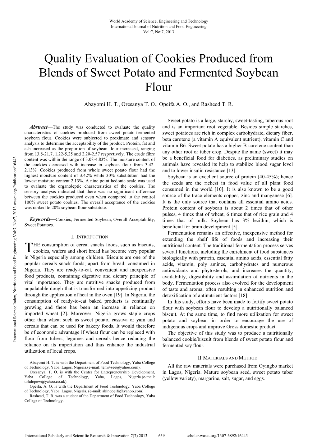 Quality Evaluation of Cookies Produced from Blends of Sweet Potato and Fermented Soybean Flour