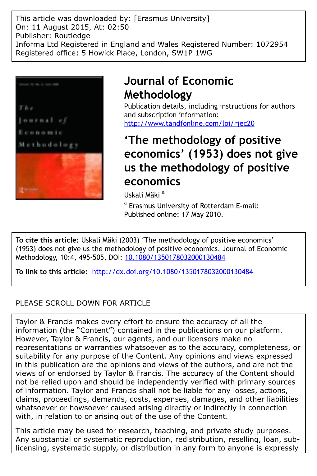 Journal of Economic Methodology 'The Methodology of Positive