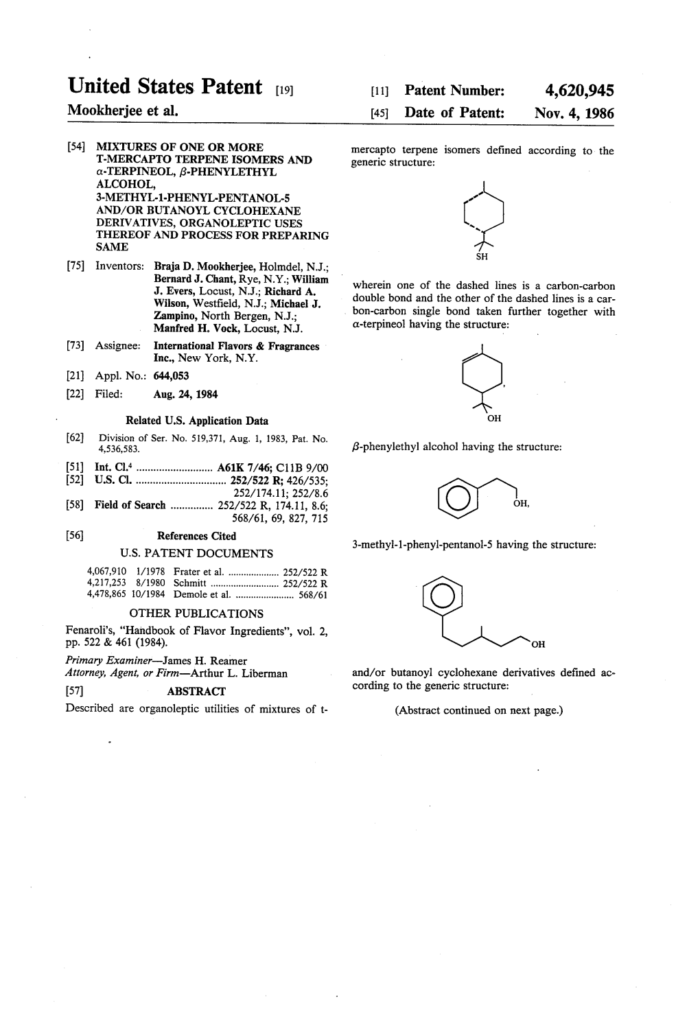 United States Patent (19) 11 Patent Number: 4,620,945 Mookherjee Et Al