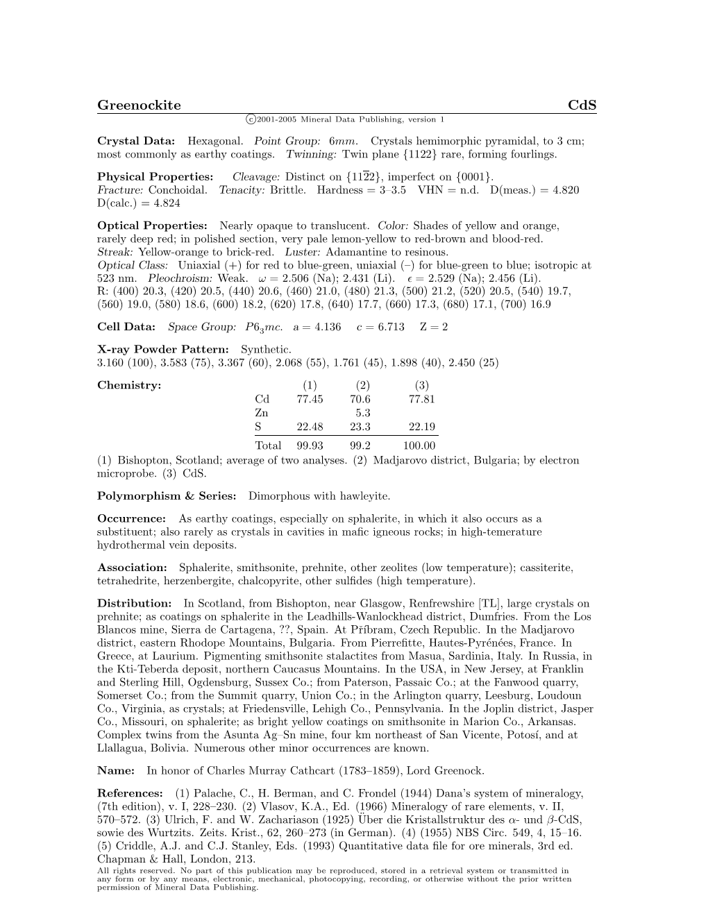 Greenockite Cds C 2001-2005 Mineral Data Publishing, Version 1