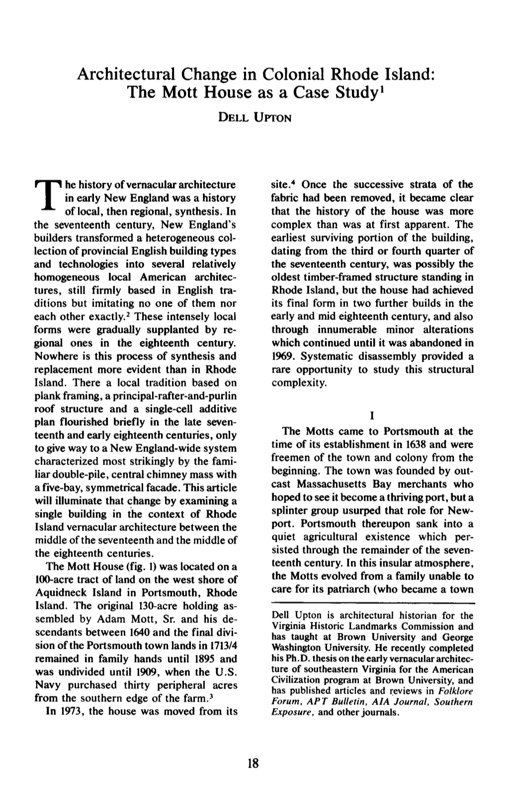 Architectural Change in Colonial Rhode Island: the Mott House As a Case Study’ DELL UPTON