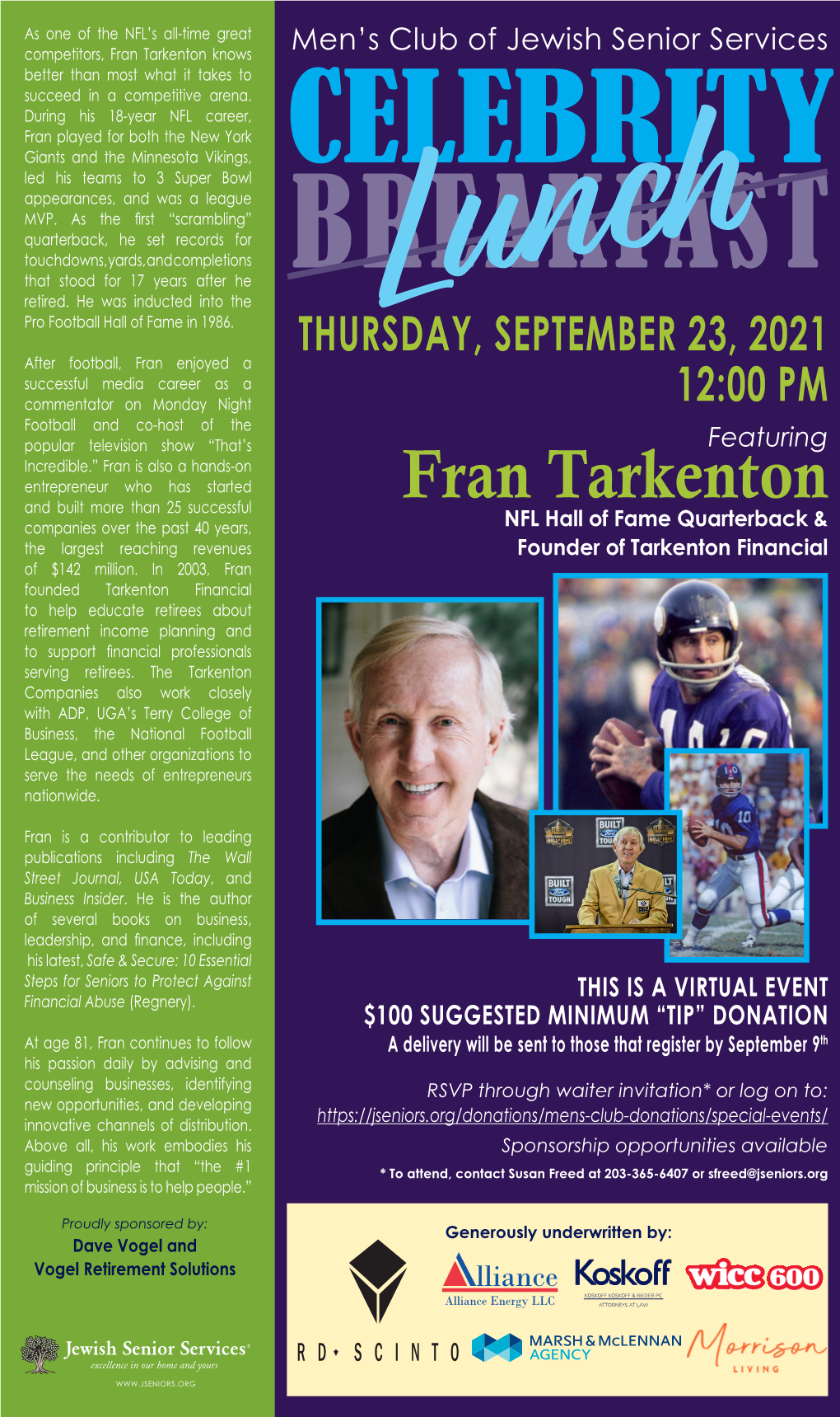Fran Tarkenton Knows Men’S Club of Jewish Senior Services Better Than Most What It Takes to Succeed in a Competitive Arena