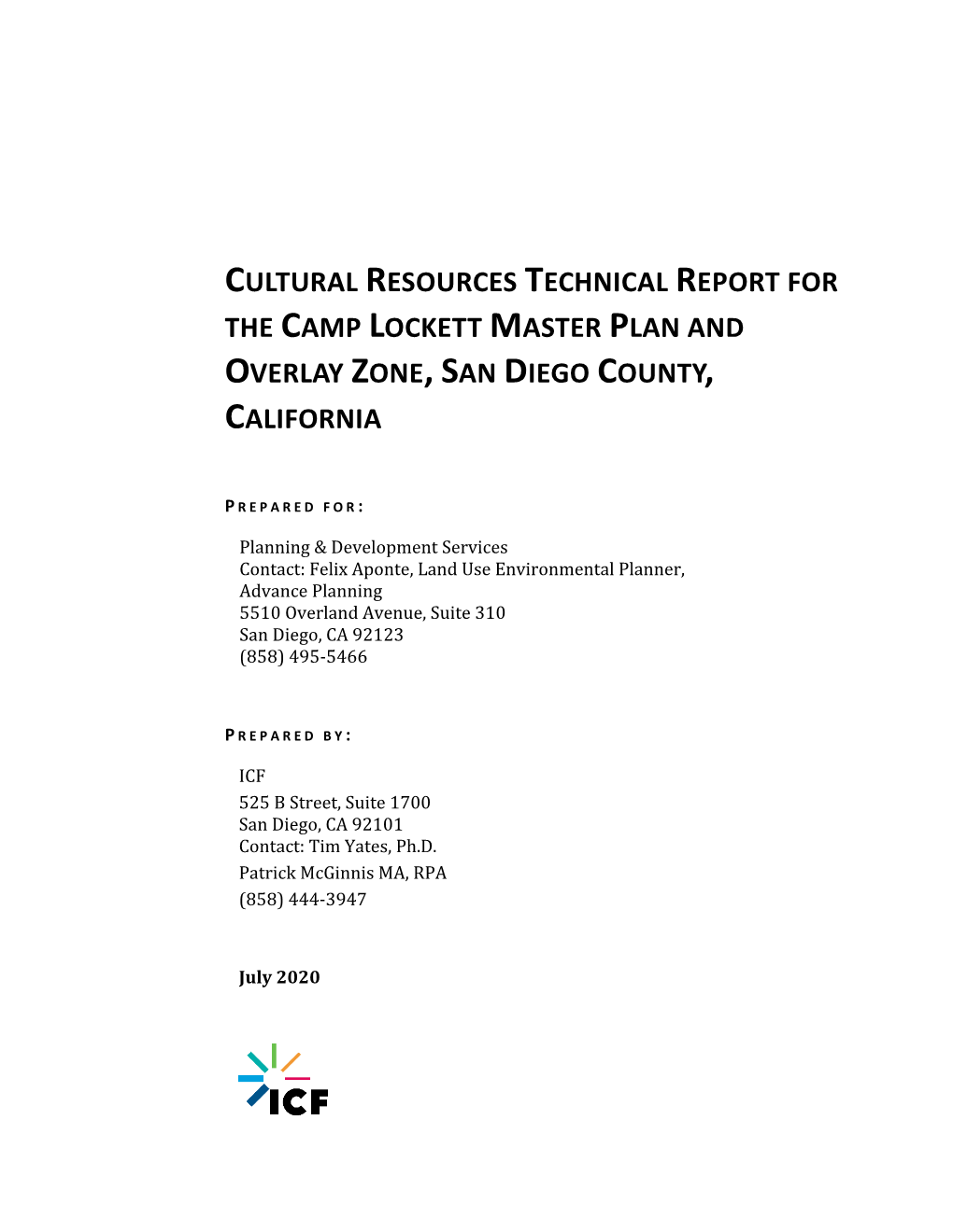 Cultural Resources Technical Report for the Camp Lockett Master Plan and Overlay Zone, San Diego County, California