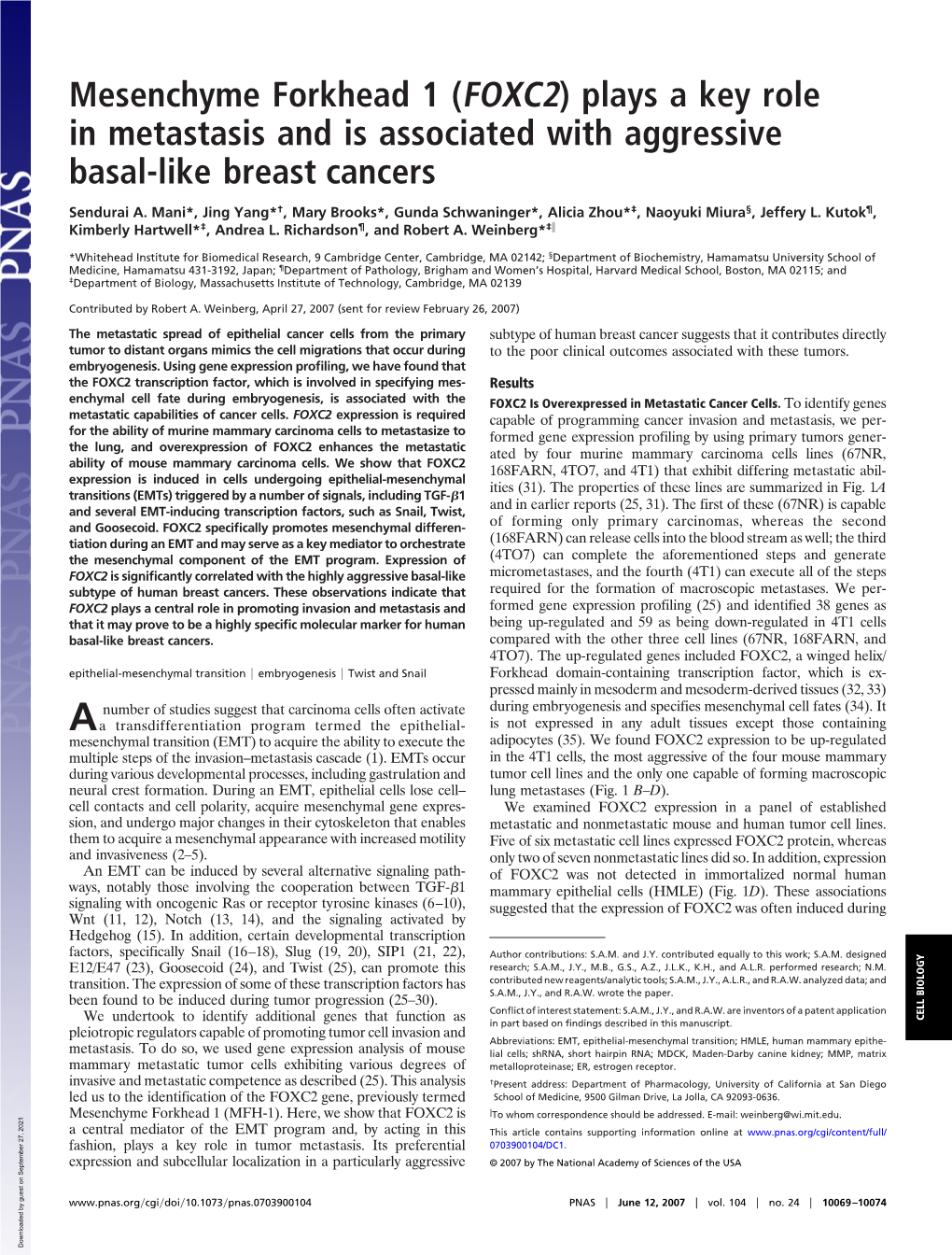 Mesenchyme Forkhead 1 (FOXC2) Plays a Key Role in Metastasis and Is Associated with Aggressive Basal-Like Breast Cancers