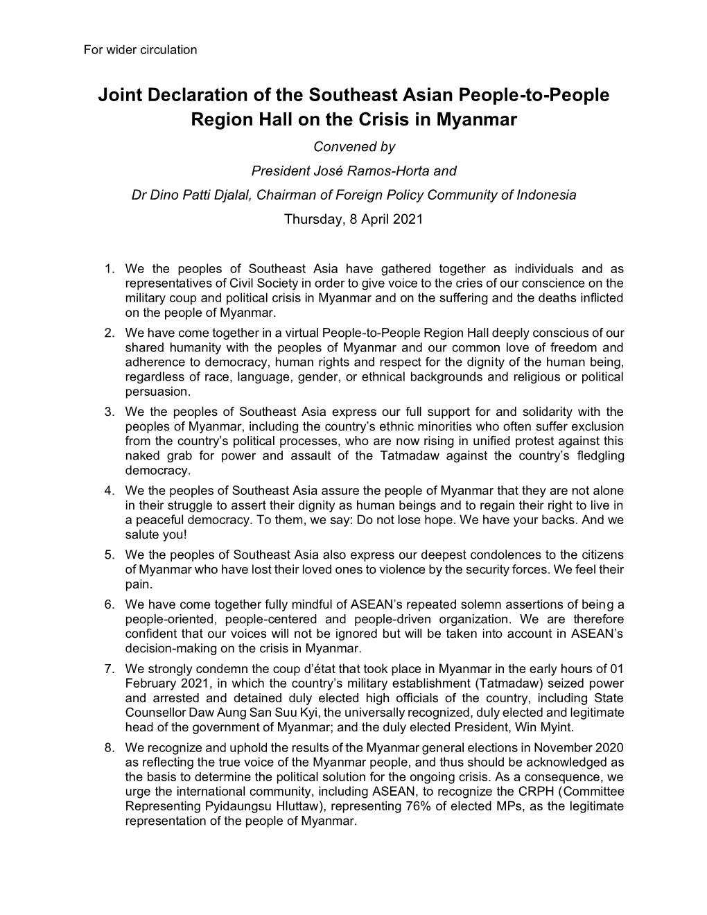 Joint Declaration of the Southeast Asian People-To-People Region Hall on the Crisis in Myanmar
