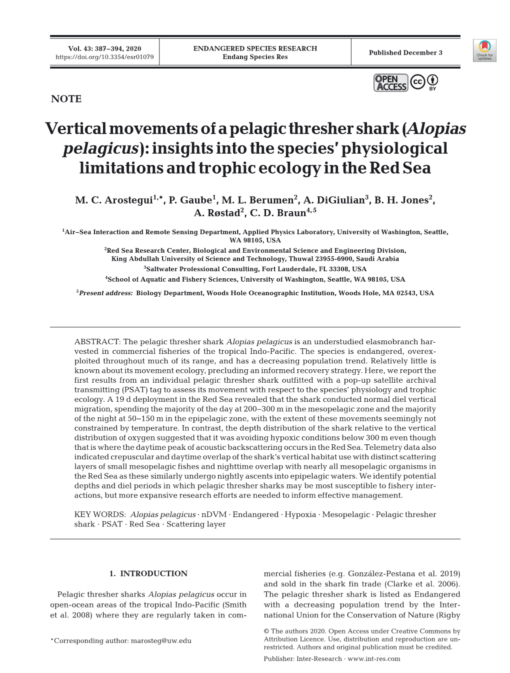 Vertical Movements of a Pelagic Thresher Shark (Alopias Pelagicus): Insights Into the Species’ Physiological Limitations and Trophic Ecology in the Red Sea