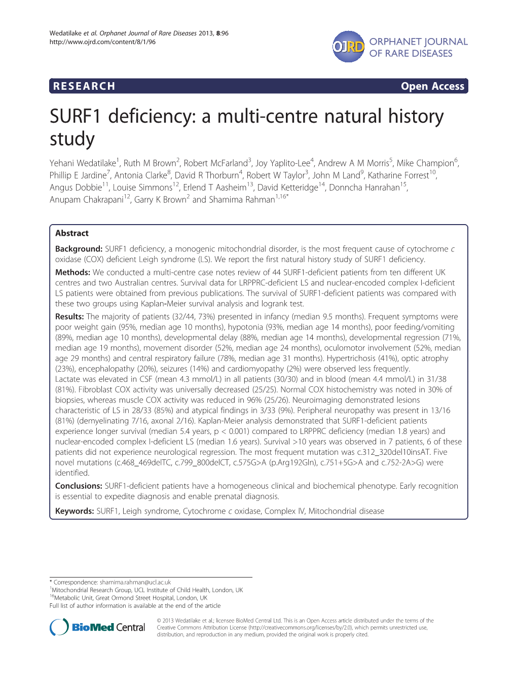 SURF1 Deficiency: a Multi-Centre Natural History Study