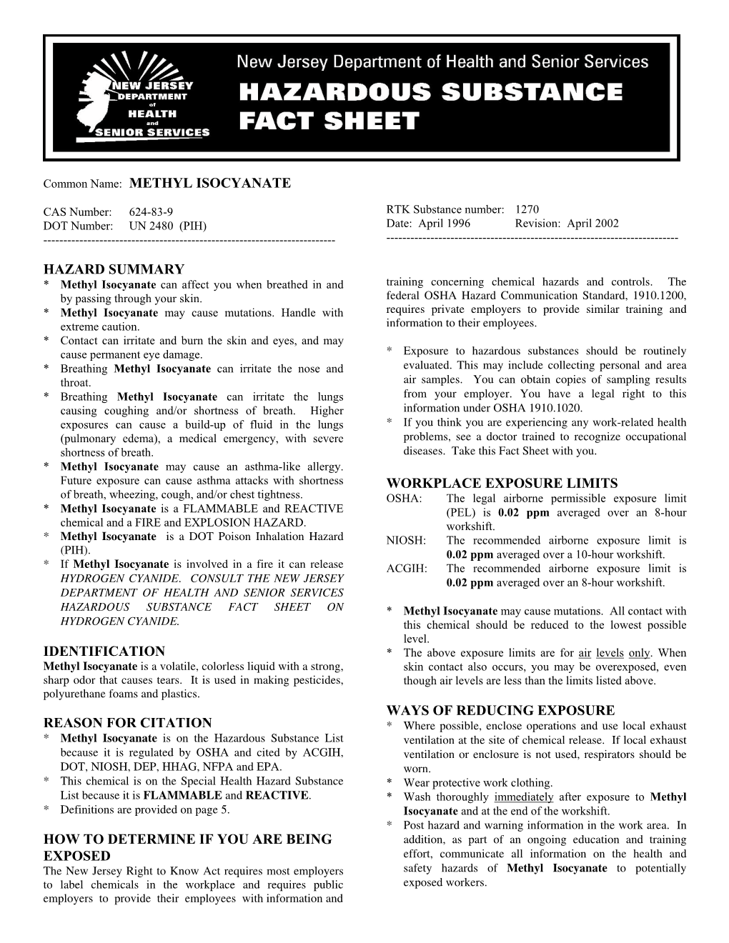 Common Name: METHYL ISOCYANATE HAZARD SUMMARY IDENTIFICATION REASON for CITATION HOW to DETERMINE IF YOU ARE BEING EXPOSED WORKP