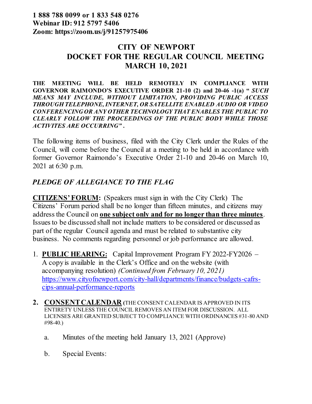 City of Newport Docket for the Regular Council Meeting March 10, 2021