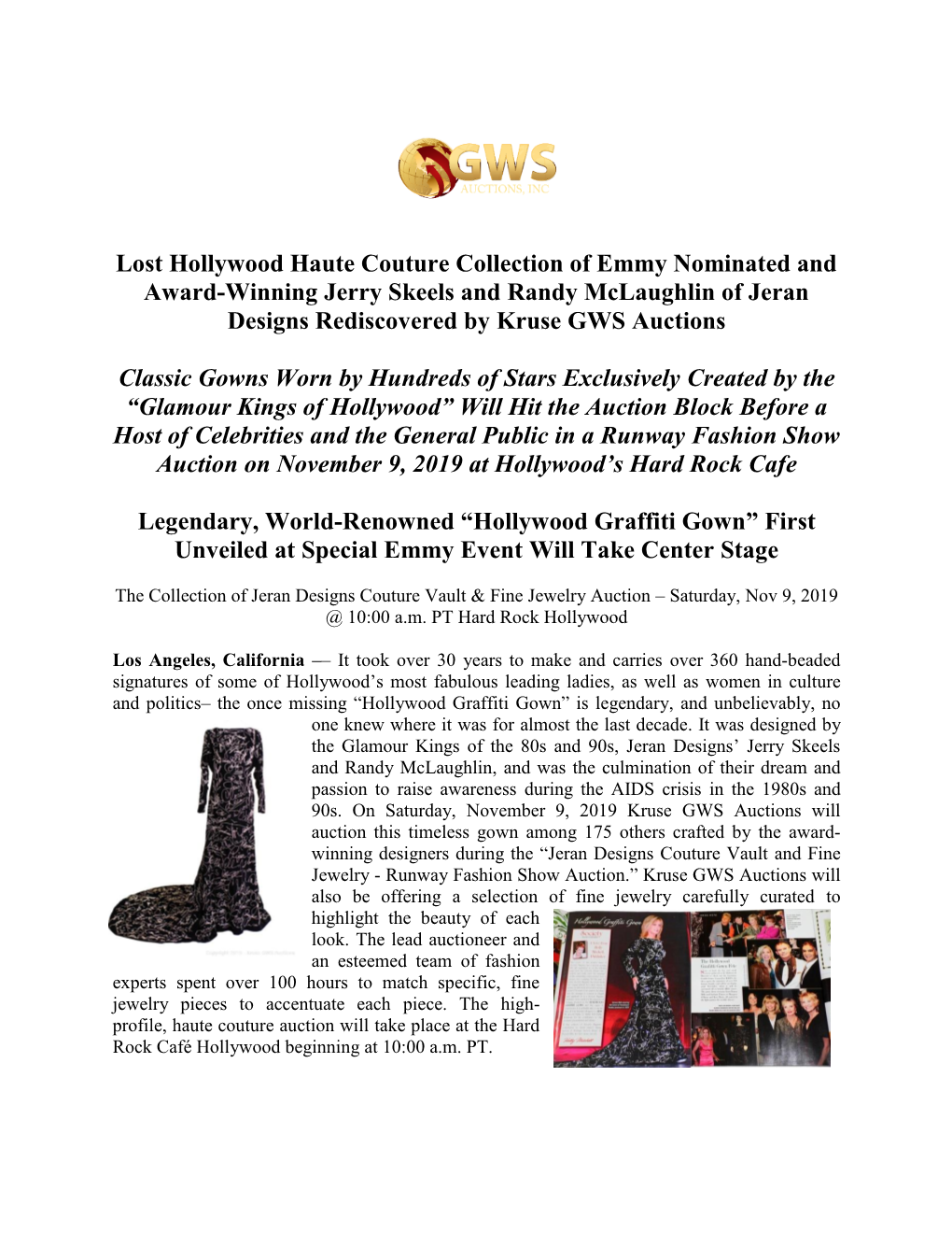 Lost Hollywood Haute Couture Collection of Emmy Nominated and Award-Winning Jerry Skeels and Randy Mclaughlin of Jeran Designs Rediscovered by Kruse GWS Auctions