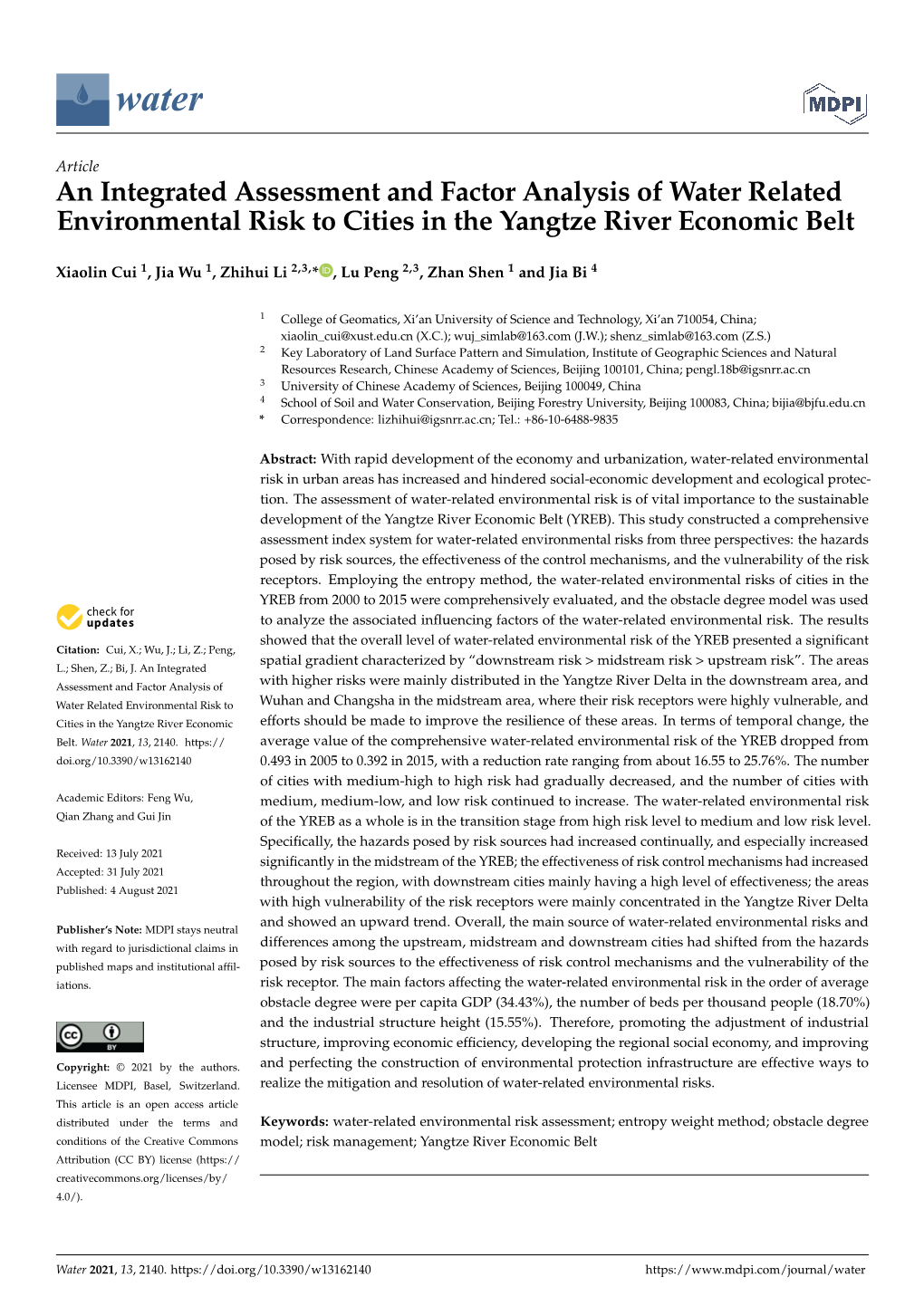 An Integrated Assessment and Factor Analysis of Water Related Environmental Risk to Cities in the Yangtze River Economic Belt