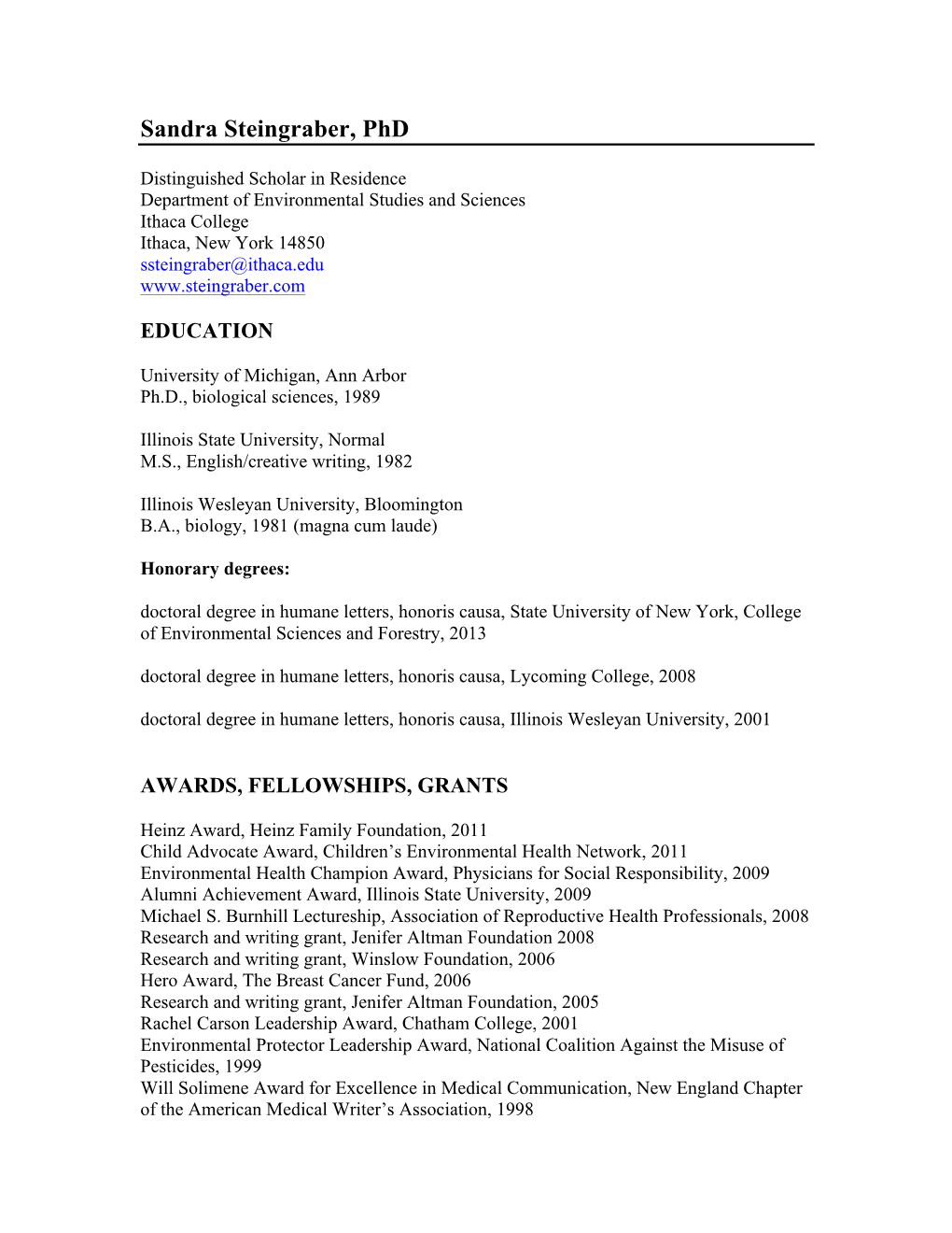 Sandra Steingraber's CV