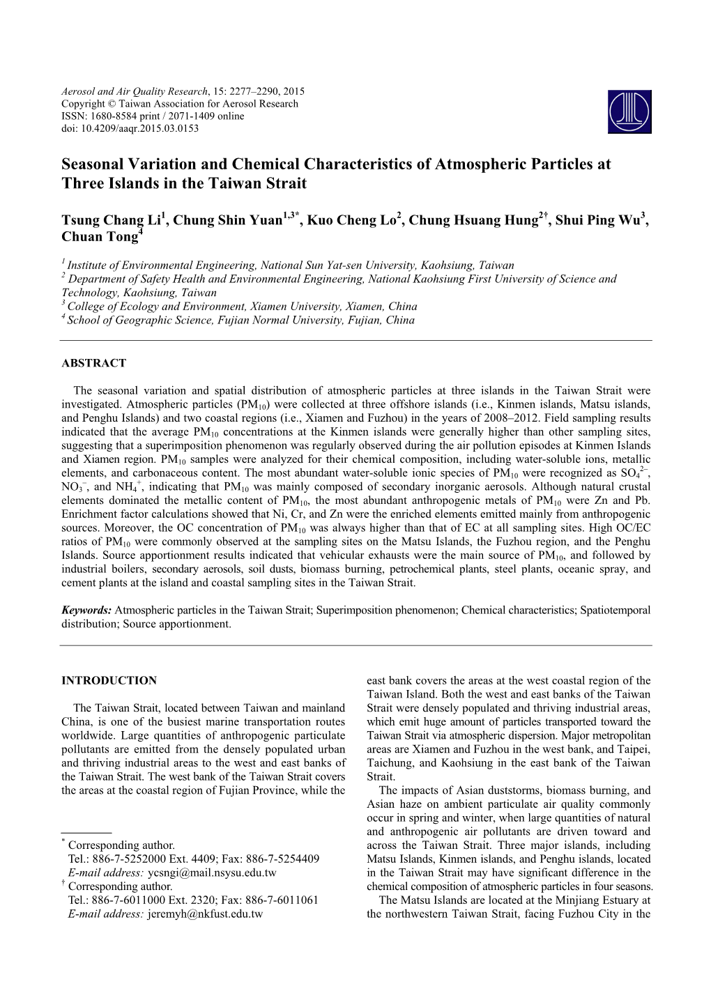 Seasonal Variation and Chemical Characteristics of Atmospheric Particles at Three Islands in the Taiwan Strait