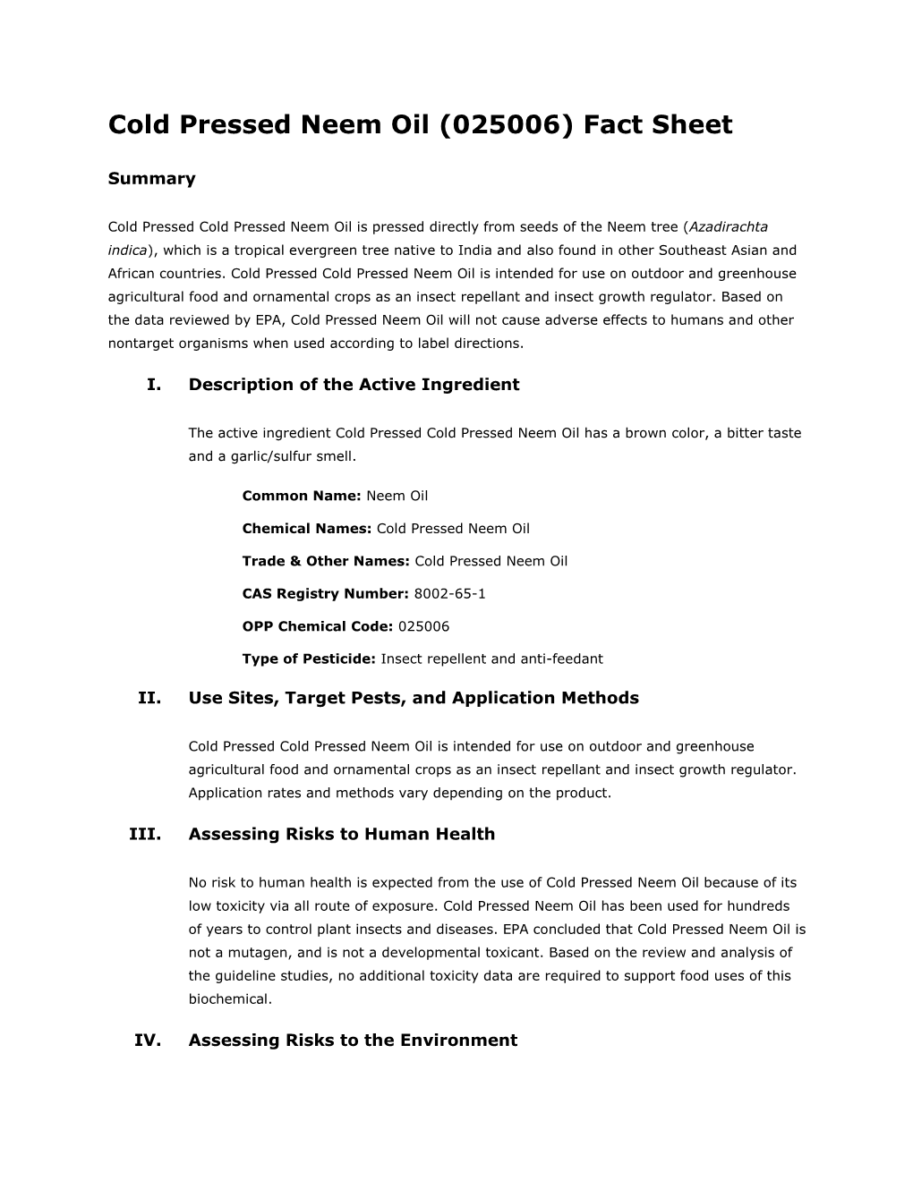 Neem Oil (025006) Fact Sheet