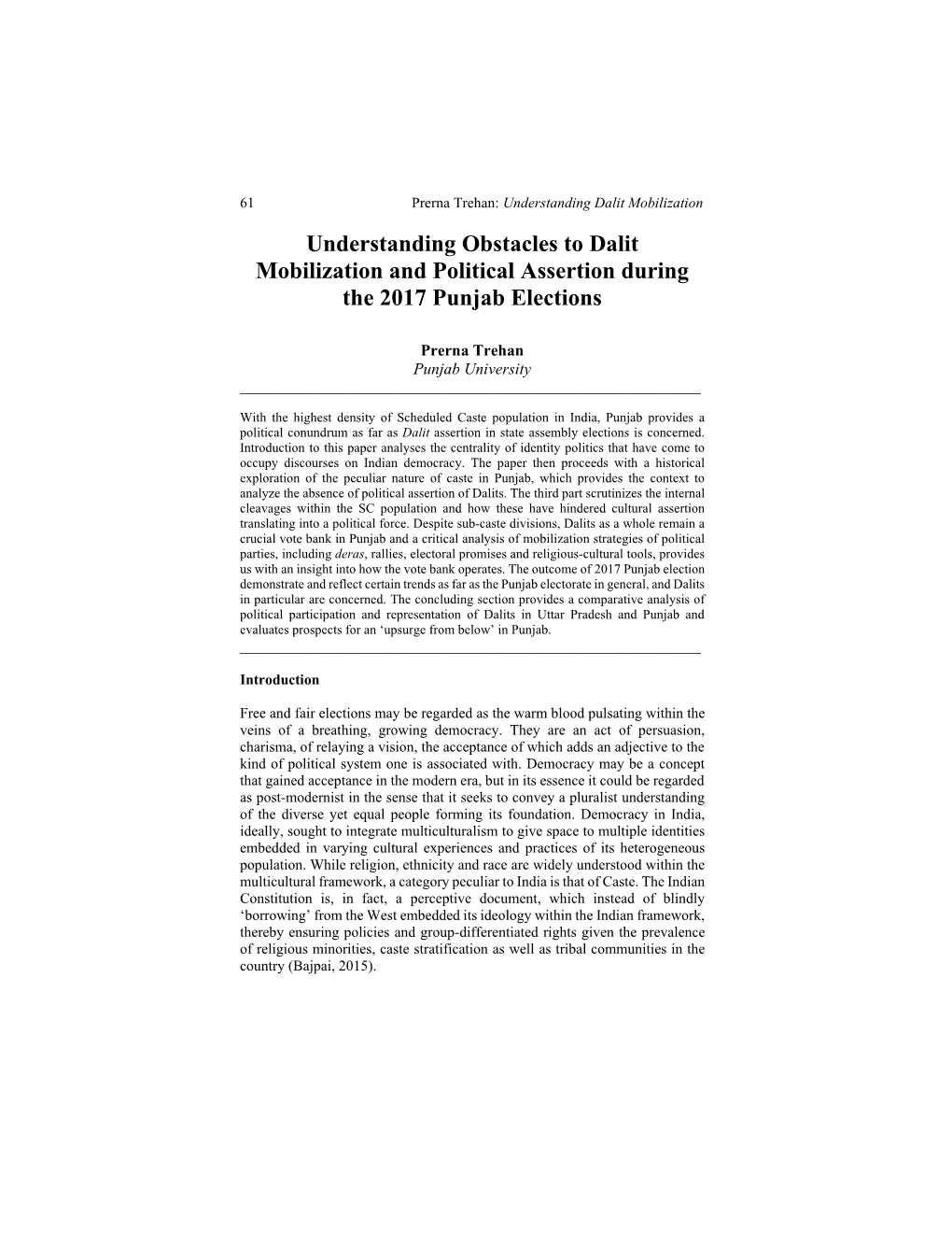 Understanding Obstacles to Dalit Mobilization and Political Assertion During the 2017 Punjab Elections