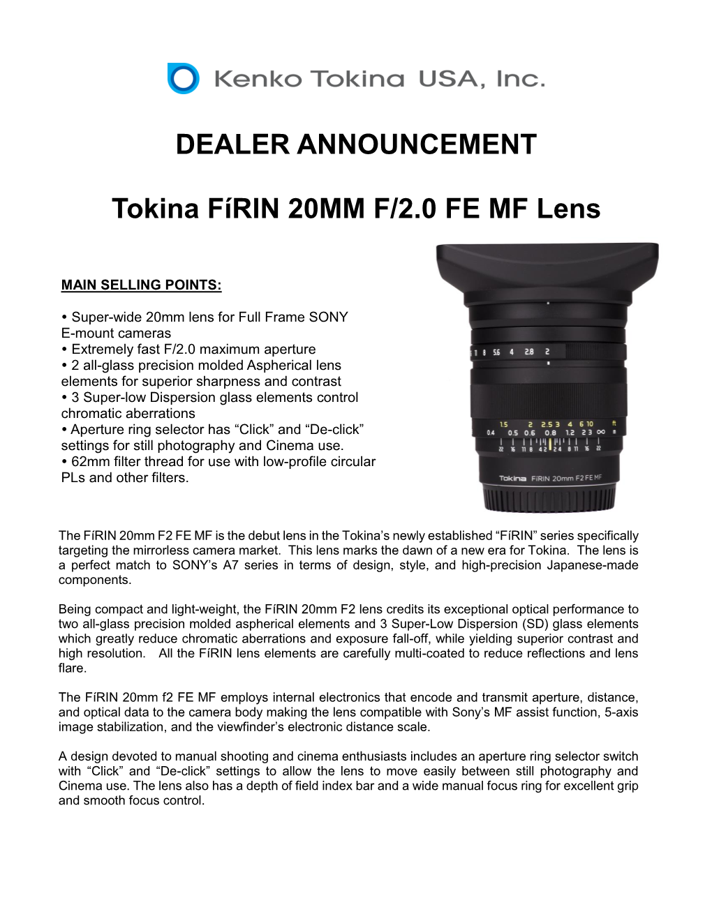 DEALER ANNOUNCEMENT Tokina Fírin 20MM F/2.0 FE MF Lens