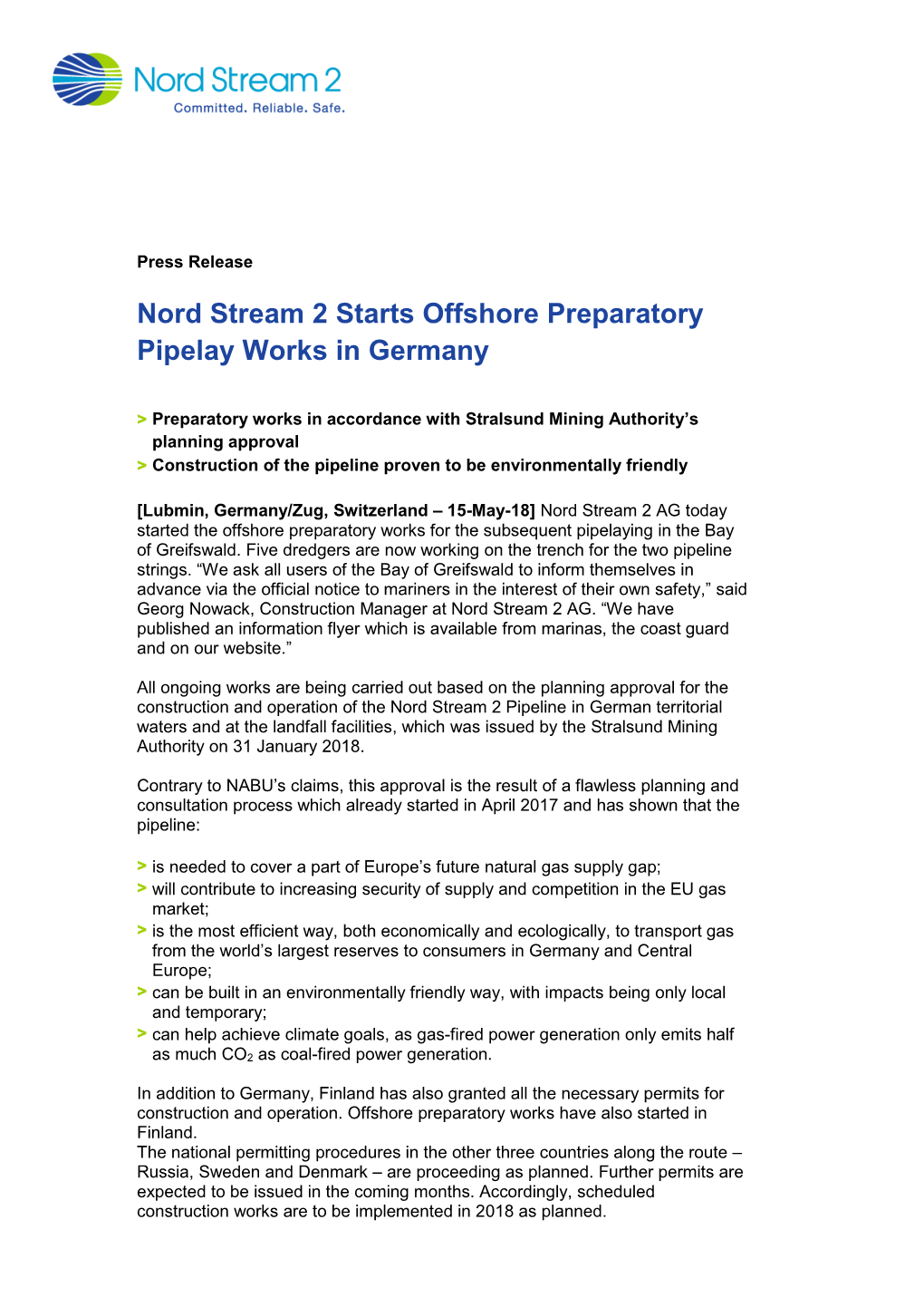 Nord Stream 2 Starts Offshore Preparatory Pipelay Works in Germany