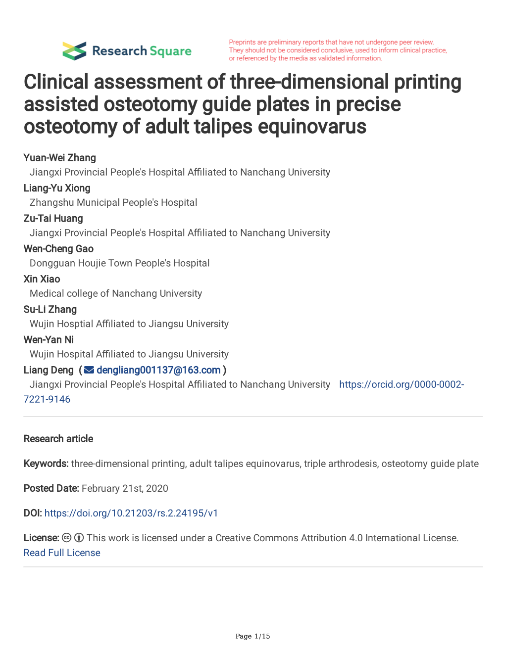Clinical Assessment of Three-Dimensional Printing Assisted Osteotomy Guide Plates in Precise Osteotomy of Adult Talipes Equinovarus
