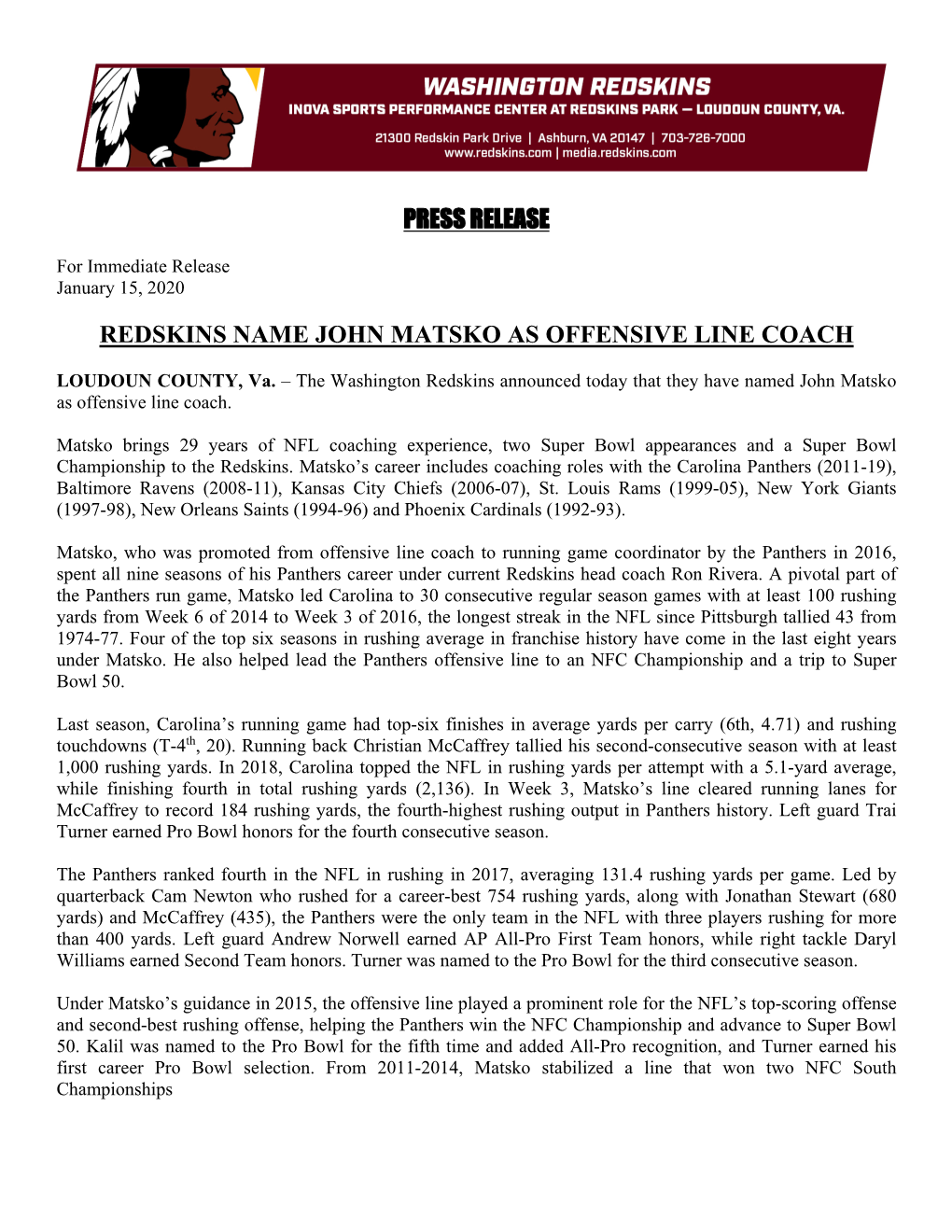 Press Release Redskins Name John Matsko As