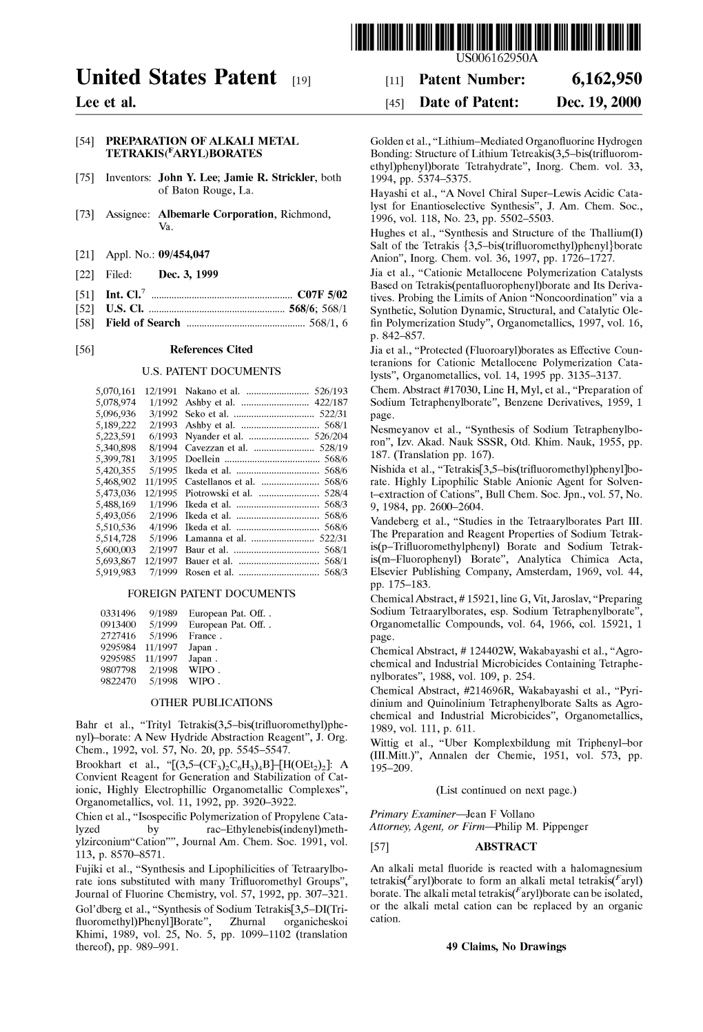 United States Patent (19) 11 Patent Number: 6,162,950 Lee Et Al