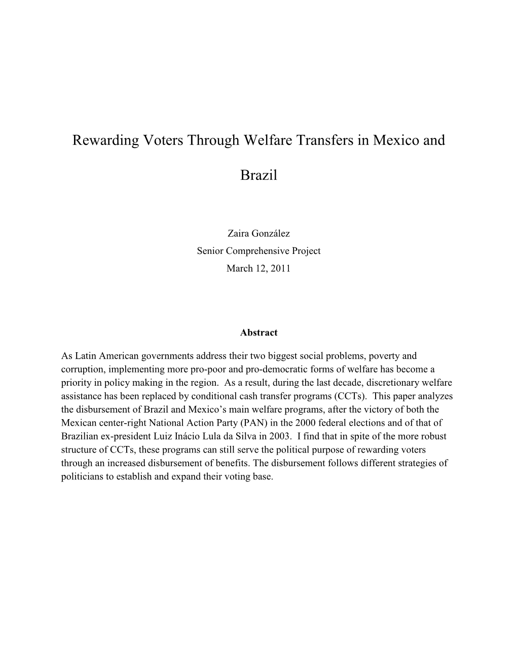 Rewarding Voters Through Welfare Transfers in Mexico and Brazil
