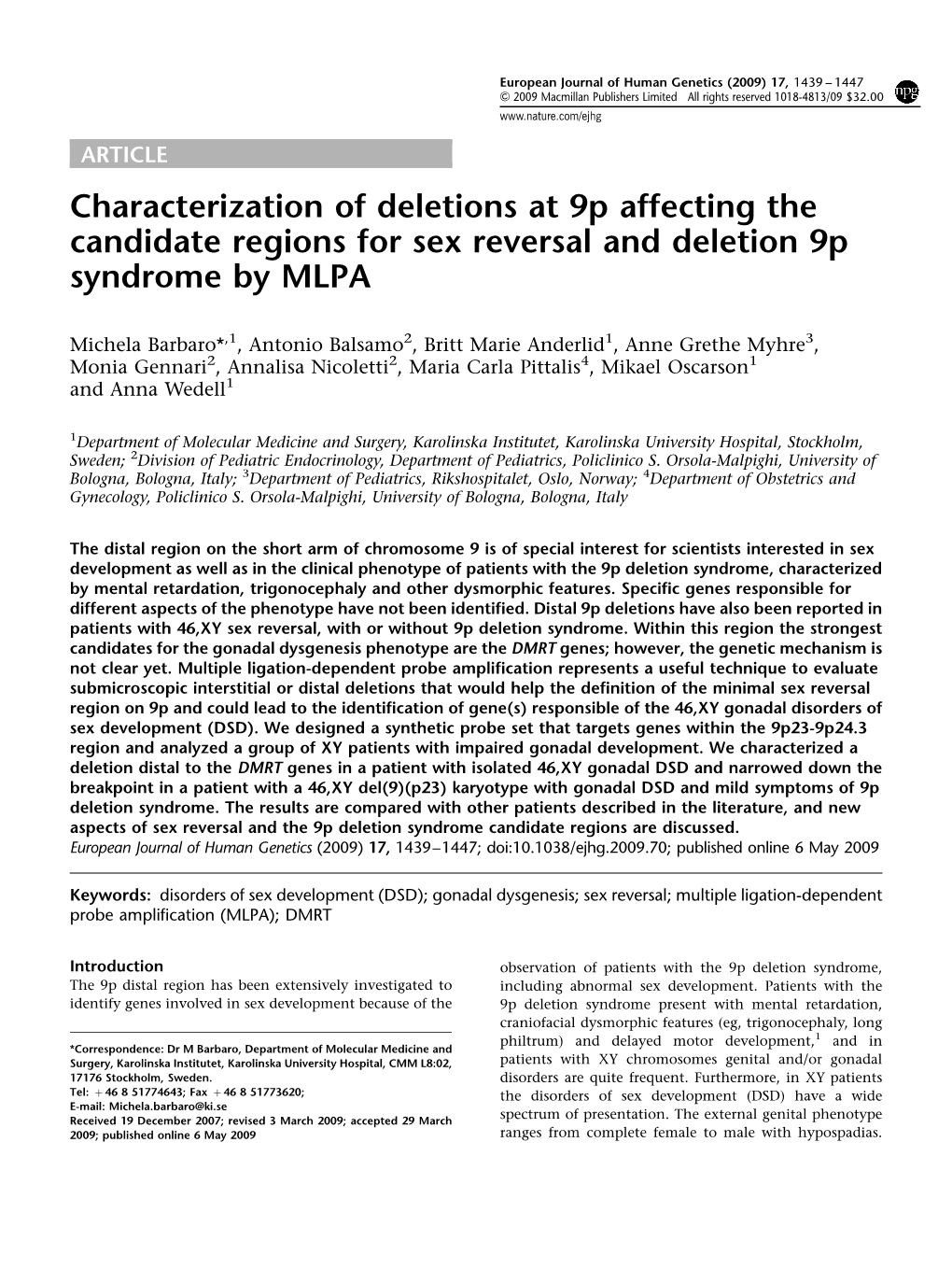 Characterization of Deletions at 9P Affecting the Candidate Regions for Sex Reversal and Deletion 9P Syndrome by MLPA