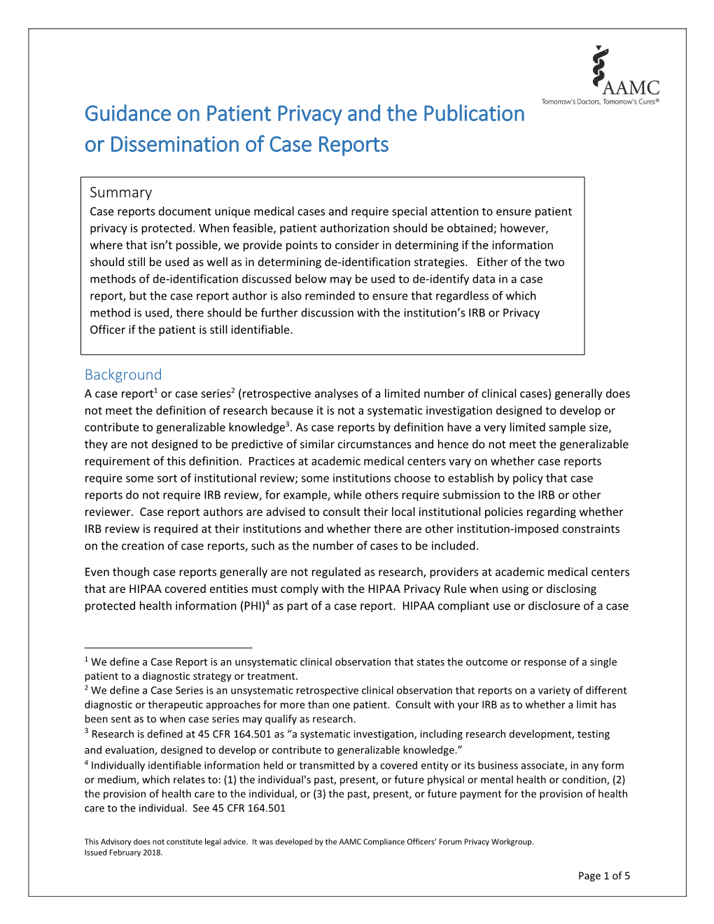 Guidance on Patient Privacy and the Publication Or Dissemination of Case Reports