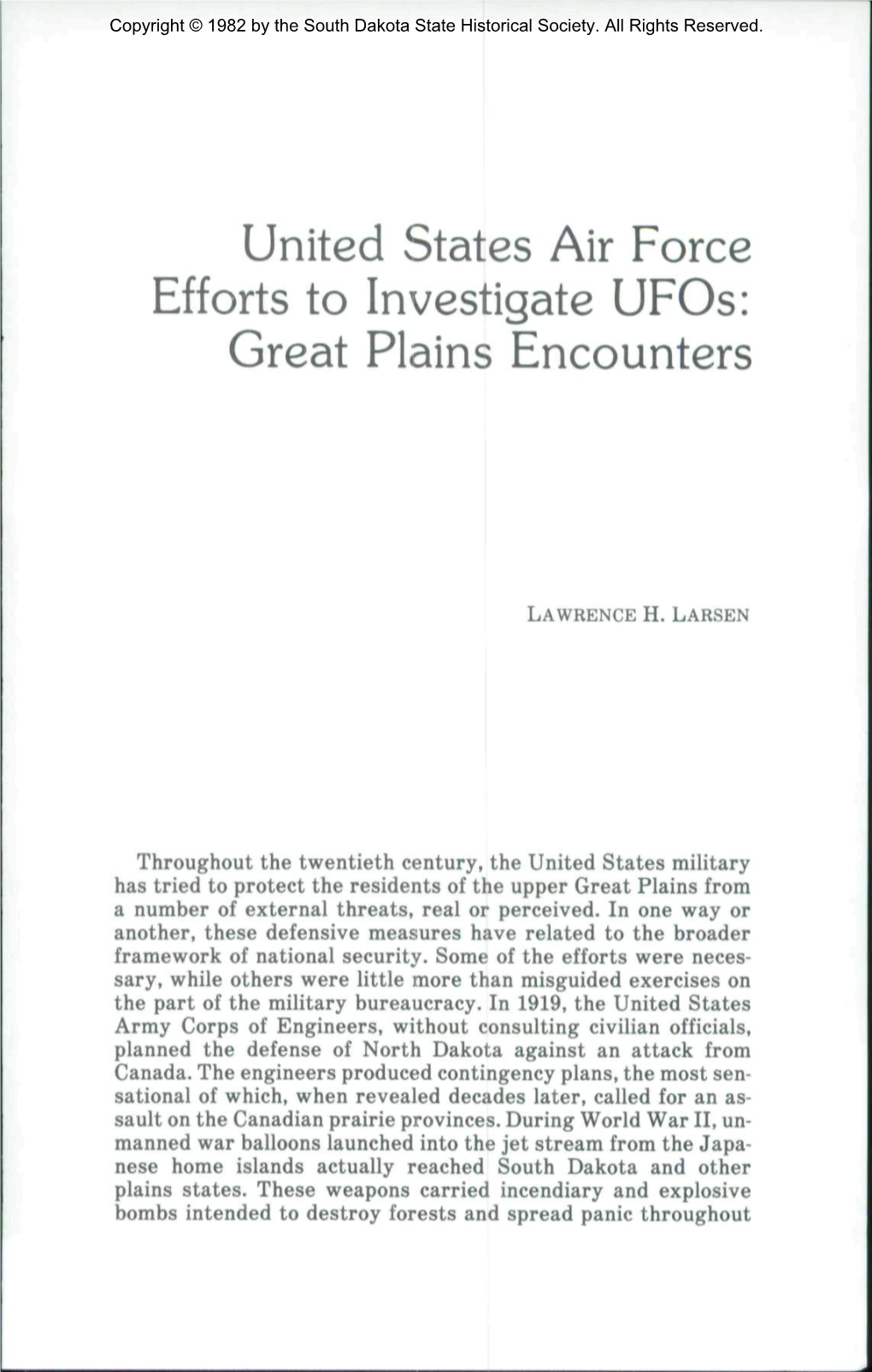 United States Air Force Efforts to Investigate Ufos: Great Plains Encounters