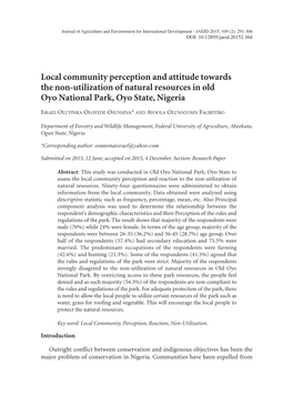 Local Community Perception and Attitude Towards the Non-Utilization of Natural Resources in Old Oyo National Park, Oyo State, Nigeria