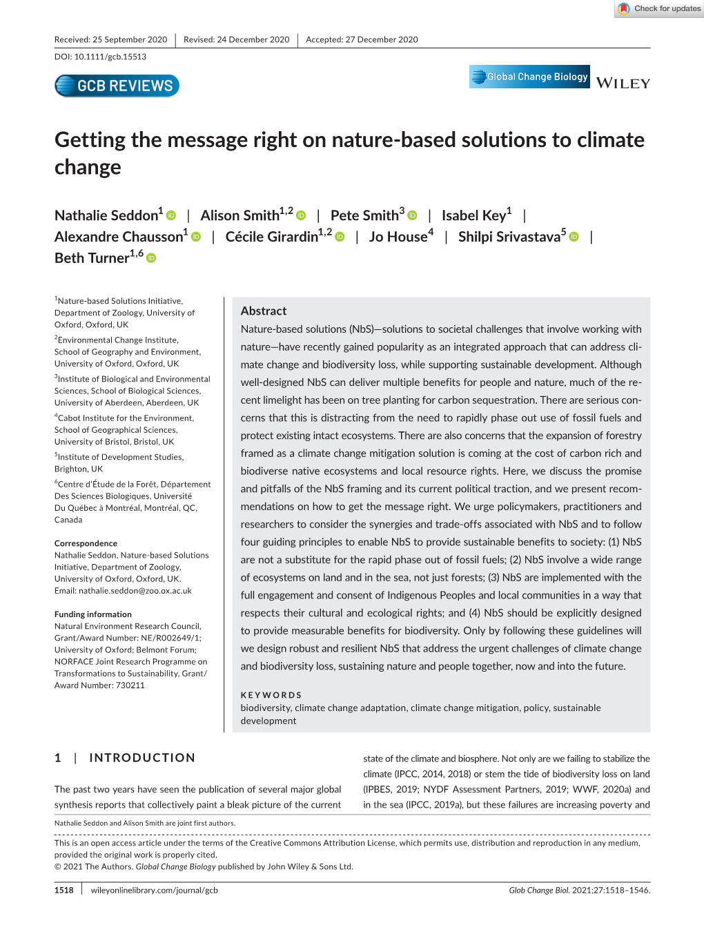 Getting the Message Right on Nature‐Based Solutions to Climate Change