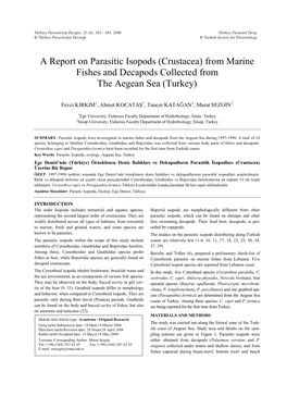 A Report on Parasitic Isopods (Crustacea) from Marine Fishes and Decapods Collected from the Aegean Sea (Turkey)