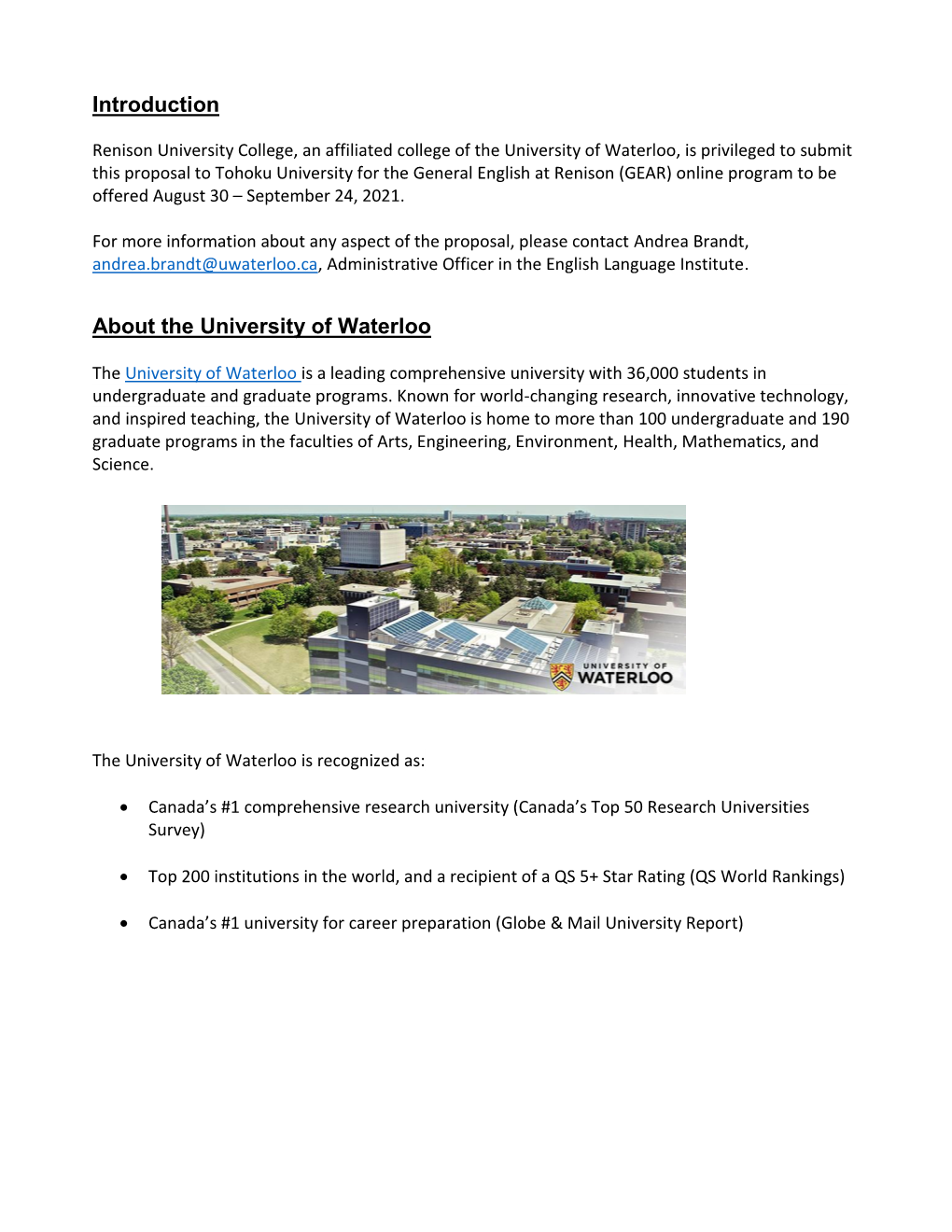 Introduction About the University of Waterloo