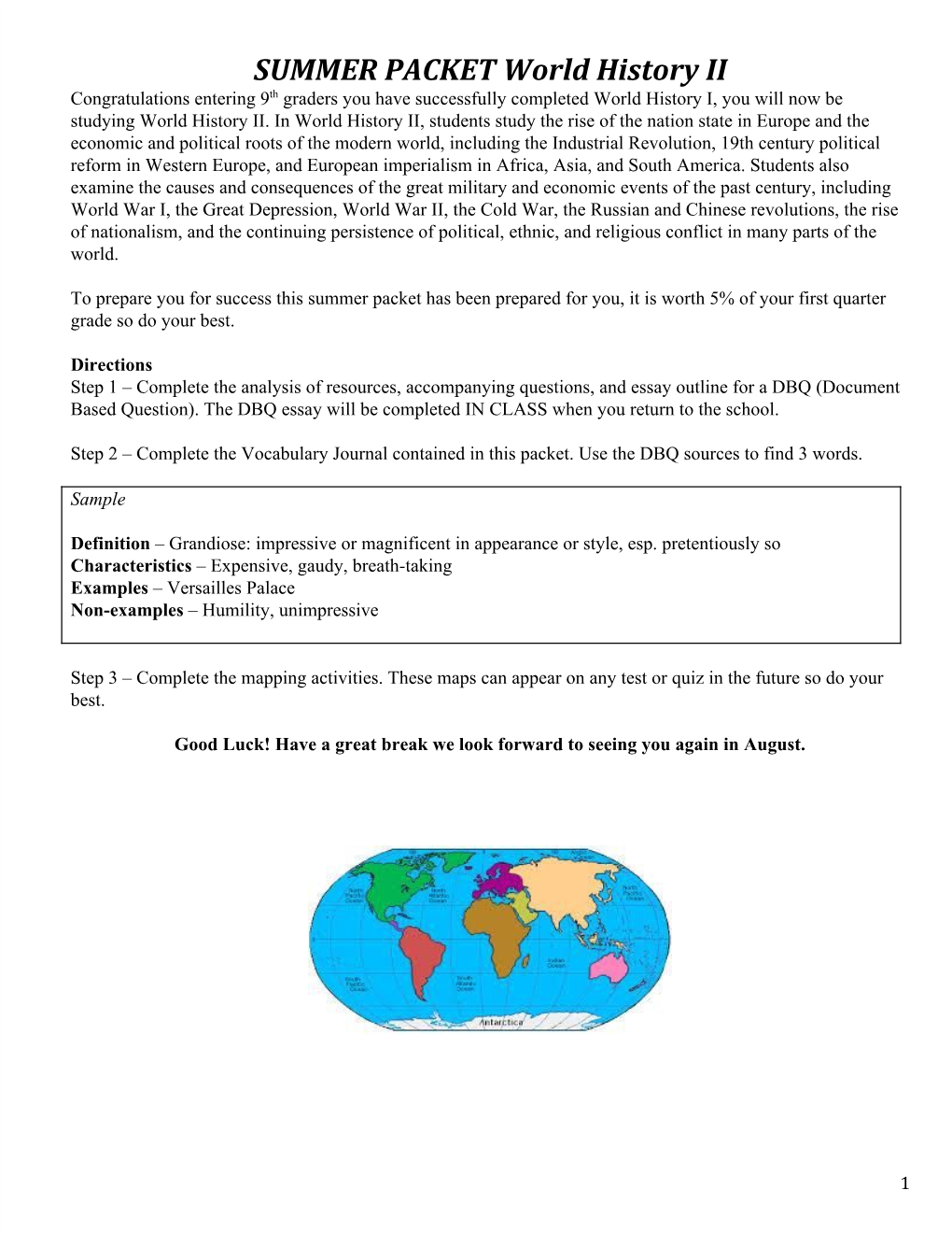 SUMMER PACKET World History II Th Congratulations Entering 9 ​ Graders You Have Successfully Completed World History I, You Will Now Be ​ Studying World History II