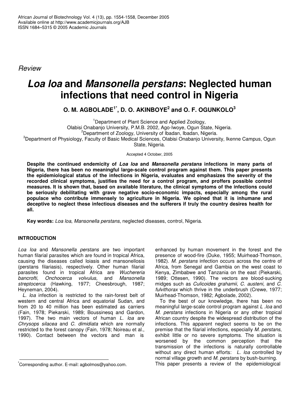 Loa Loa and Mansonella Perstans: Neglected Human Infections That Need Control in Nigeria