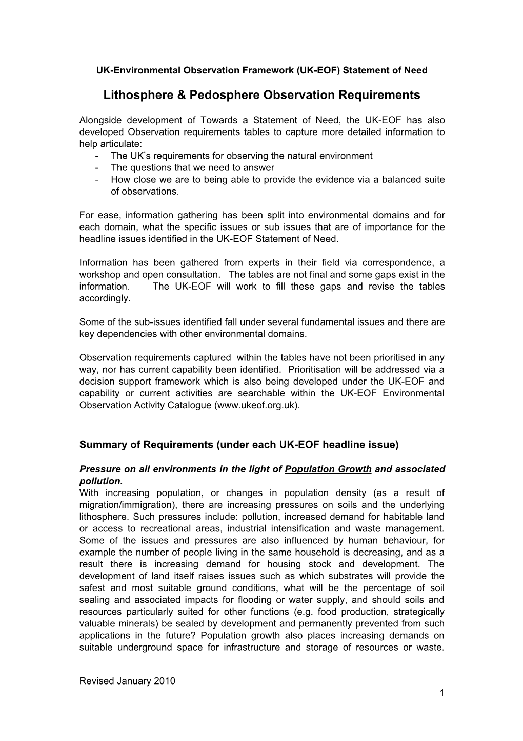 Lithosphere & Pedosphere Observation Requirements Table