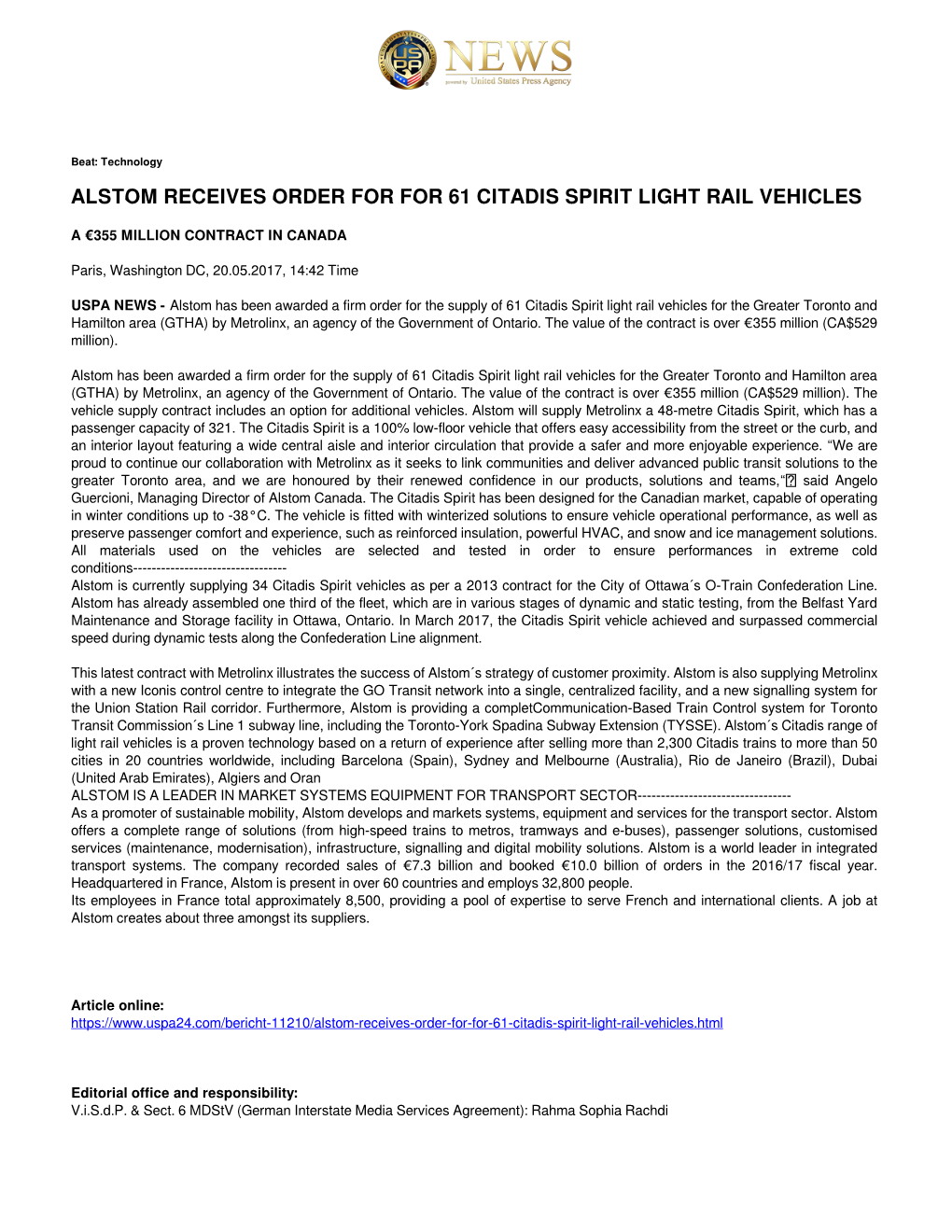 Alstom Receives Order for for 61 Citadis Spirit Light Rail Vehicles