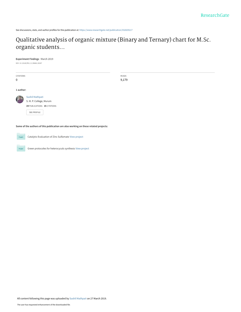 Qualitative Analysis of Organic Mixture (Binary and Ternary) Chart for M.Sc