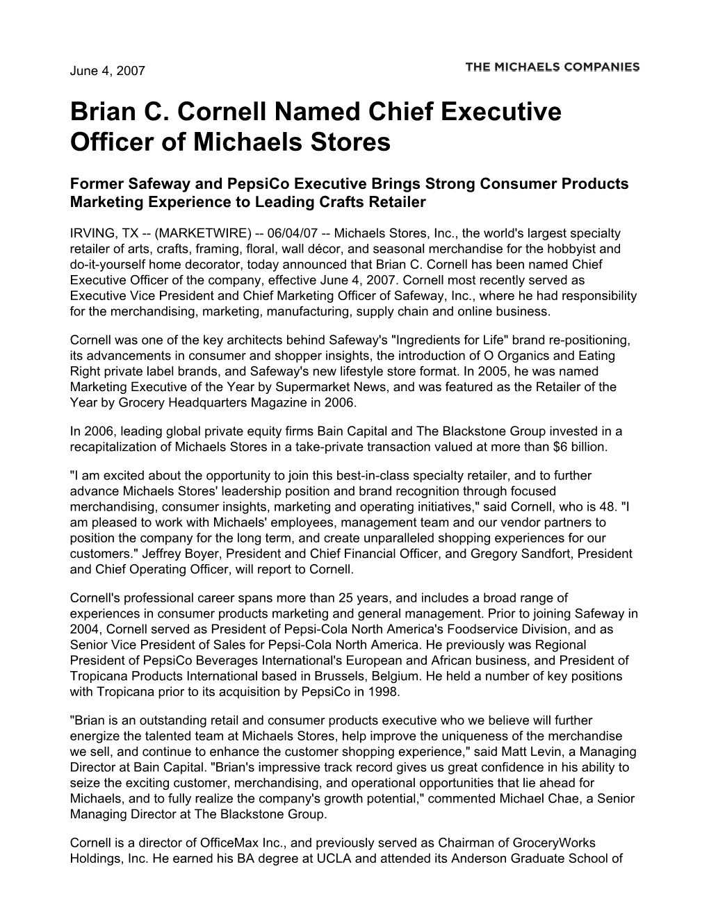 Brian C. Cornell Named Chief Executive Officer of Michaels Stores