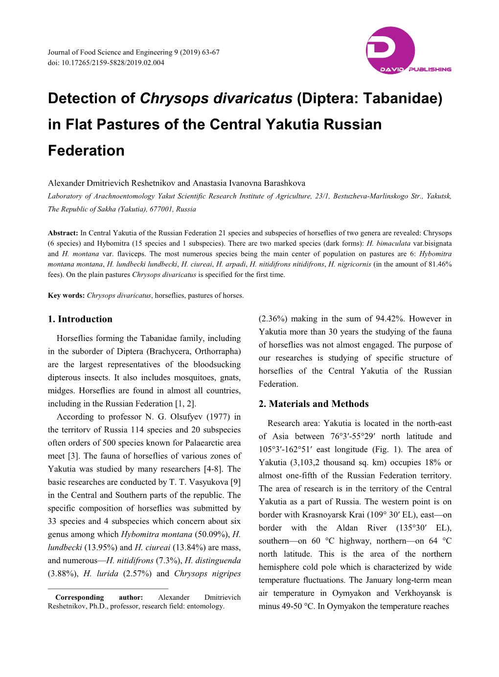 Diptera: Tabanidae) in Flat Pastures of the Central Yakutia Russian Federation