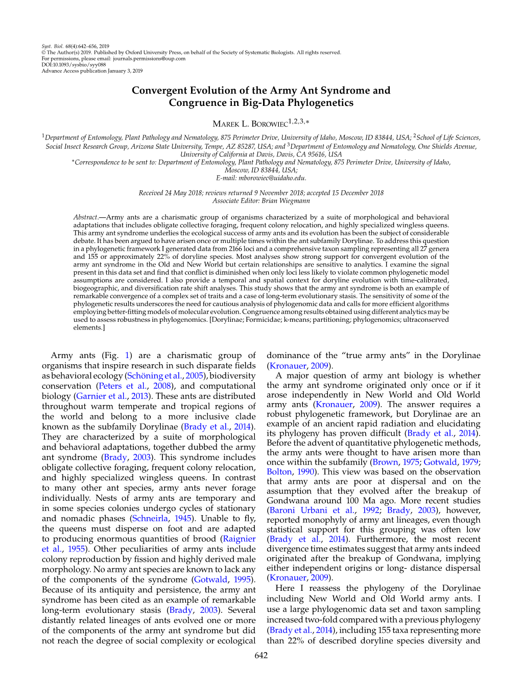 Convergent Evolution of the Army Ant Syndrome and Congruence in Big-Data Phylogenetics