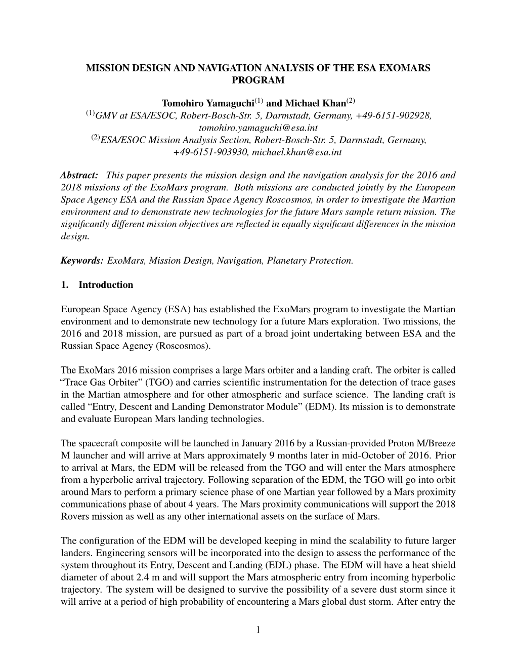 Mission Design and Navigation Analysis of the Esa Exomars Program