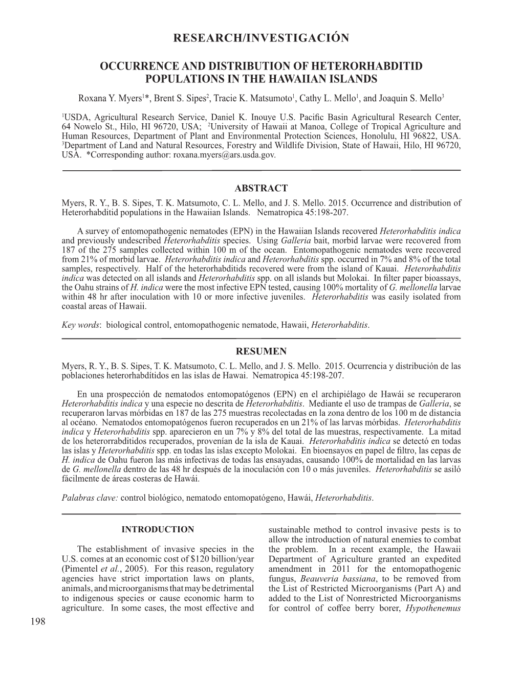 Research/Investigación Occurrence and Distribution of Heterorhabditid Populations in the Hawaiian Islands